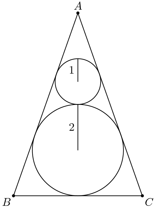 [asy] size(200); pathpen = linewidth(0.7); pointpen = black; real t=2^0.5; D((0,0)--(4*t,0)--(2*t,8)--cycle); D(CR((2*t,2),2)); D(CR((2*t,5),1)); D('B', (0,0),SW); D('C',(4*t,0), SE); D('A', (2*t, 8), N); D((2*t,2)--(2*t,4)); D((2*t,5)--(2*t,6)); MP('2', (2*t,3), W); MP('1',(2*t, 5.5), W);[/asy]