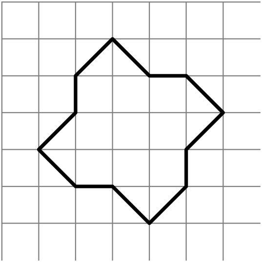 [asy] unitsize(8mm); for (int i=0; i<7; ++i) { draw((i,0)--(i,7),gray); draw((0,i+1)--(7,i+1),gray); } draw((1,3)--(2,4)--(2,5)--(3,6)--(4,5)--(5,5)--(6,4)--(5,3)--(5,2)--(4,1)--(3,2)--(2,2)--cycle,black+2bp); [/asy]