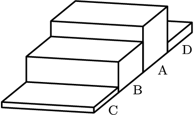 [asy] size(120); import three; real d=11/102; defaultpen(fontsize(8)); defaultpen(linewidth(0.8)); currentprojection=orthographic(2,8/15,7/15); int t=0; void f(real x) { path3 r=(t,1,x)--(t+1,1,x)--(t+1,1,0)--(t,1,0)--cycle; path3 f=(t+1,1,x)--(t+1,1,0)--(t+1,0,0)--(t+1,0,x)--cycle; path3 u=(t,1,x)--(t+1,1,x)--(t+1,0,x)--(t,0,x)--cycle; draw(surface(r), white, nolight); draw(surface(f), white, nolight); draw(surface(u), white, nolight); draw((t,1,x)--(t+1,1,x)--(t+1,1,0)--(t,1,0)--(t,1,x)--(t,0,x)--(t+1,0,x)--(t+1,1,x)--(t+1,1,0)--(t+1,0,0)--(t+1,0,x)); t=t+1; } f(d); f(1/2); f(1/3); f(1/17); label("D", (1/2, 1, 0), SE); label("A", (1+1/2, 1, 0), SE); label("B", (2+1/2, 1, 0), SE); label("C", (3+1/2, 1, 0), SE);[/asy]