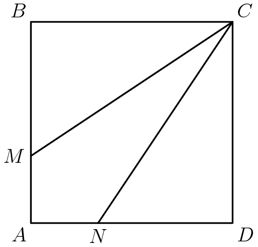 [asy] pair A,B,C,D,M,N; A = (0,0); B = (0,3); C = (3,3); D = (3,0); M = (0,1); N = (1,0); draw(A--B--C--D--cycle); draw(M--C--N); label("$A$",A,SW); label("$M$",M,W); label("$B$",B,NW); label("$C$",C,NE); label("$D$",D,SE); label("$N$",N,S); [/asy]