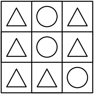 [asy] //diagram by kante314 size(3.3cm); defaultpen(linewidth(1)); real r = 0.37; path equi = r * dir(-30) -- (r+0.03) * dir(90) -- r * dir(210) -- cycle; draw((0,0)--(0,3)--(3,3)--(3,0)--cycle); draw((0,1)--(3,1)--(3,2)--(0,2)--cycle); draw((1,0)--(1,3)--(2,3)--(2,0)--cycle); draw(circle((3/2,5/2),1/3)); draw(circle((5/2,1/2),1/3)); draw(circle((3/2,3/2),1/3)); draw(shift(0.5,0.38) * equi); draw(shift(1.5,0.38) * equi); draw(shift(0.5,1.38) * equi); draw(shift(2.5,1.38) * equi); draw(shift(0.5,2.38) * equi); draw(shift(2.5,2.38) * equi); [/asy]