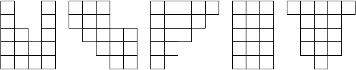 [asy] size(350); defaultpen(linewidth(0.6)); path p=origin--(1,0)--(1,1)--(0,1)--cycle; pair[] a={(0,0), (0,1), (0,2), (0,3), (0,4), (1,0), (1,1), (1,2), (2,0), (2,1), (3,0), (3,1), (3,2), (3,3), (3,4)}; pair[] b={(5,3), (5,4), (6,2), (6,3), (6,4), (7,1), (7,2), (7,3), (7,4), (8,0), (8,1), (8,2), (9,0), (9,1), (9,2)}; pair[] c={(11,0), (11,1), (11,2), (11,3), (11,4), (12,1), (12,2), (12,3), (12,4), (13,2), (13,3), (13,4), (14,3), (14,4), (15,4)}; pair[] d={(17,0), (17,1), (17,2), (17,3), (17,4), (18,0), (18,1), (18,2), (18,3), (18,4), (19,0), (19,1), (19,2), (19,3), (19,4)}; pair[] e={(21,4), (22,1), (22,2), (22,3), (22,4), (23,0), (23,1), (23,2), (23,3), (23,4), (24,1), (24,2), (24,3), (24,4), (25,4)}; int i; for(int i=0; i<15; i=i+1) { draw(shift(a[i])*p); draw(shift(b[i])*p); draw(shift(c[i])*p); draw(shift(d[i])*p); draw(shift(e[i])*p); } [/asy]