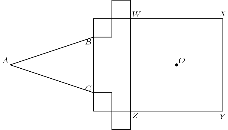 [asy] defaultpen(fontsize(8)); size(225); pair Z=origin, W=(0,10), X=(10,10), Y=(10,0), O=(5,5), B=(-4,8), C=(-4,2), A=(-13,5); draw((-4,0)--Y--X--(-4,10)--cycle); draw((0,-2)--(0,12)--(-2,12)--(-2,8)--B--A--C--(-2,2)--(-2,-2)--cycle); dot(O); label("$A$", A, NW); label("$O$", O, NE); label("$B$", B, SW); label("$C$", C, NW); label("$W$",W , NE); label("$X$", X, N); label("$Y$", Y, S); label("$Z$", Z, SE); [/asy]