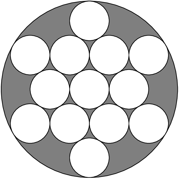 [asy]unitsize(20);filldraw(circle((0,0),2*sqrt(3)+1),rgb(0.5,0.5,0.5));filldraw(circle((-2,0),1),white);filldraw(circle((0,0),1),white);filldraw(circle((2,0),1),white);filldraw(circle((1,sqrt(3)),1),white);filldraw(circle((3,sqrt(3)),1),white);filldraw(circle((-1,sqrt(3)),1),white);filldraw(circle((-3,sqrt(3)),1),white);filldraw(circle((1,-1*sqrt(3)),1),white);filldraw(circle((3,-1*sqrt(3)),1),white);filldraw(circle((-1,-1*sqrt(3)),1),white);filldraw(circle((-3,-1*sqrt(3)),1),white);filldraw(circle((0,2*sqrt(3)),1),white);filldraw(circle((0,-2*sqrt(3)),1),white);[/asy]