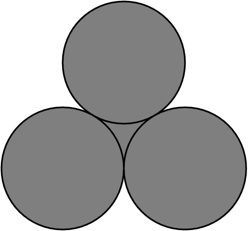 [asy] filldraw((0,0)--(2,0)--(1,sqrt(3))--cycle,gray,gray); filldraw(circle((1,sqrt(3)),1),gray); filldraw(circle((0,0),1),gray); filldraw(circle((2,0),1),grey);[/asy]